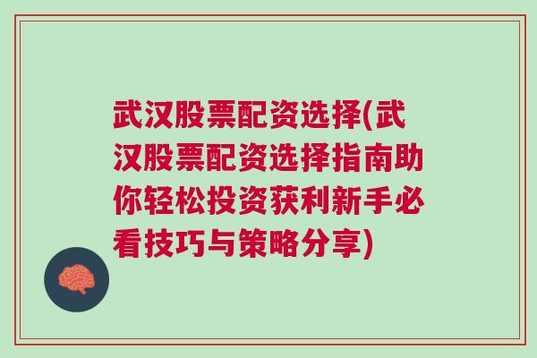 武汉股票配资选择(武汉股票配资选择指南助你轻松投资获利新手必看技巧与策略分享)